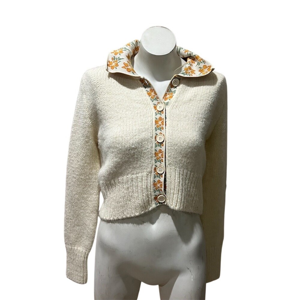 Zara Cardigan Sweater Womens S Ivory Chunky Knit Cropped Floral Collar